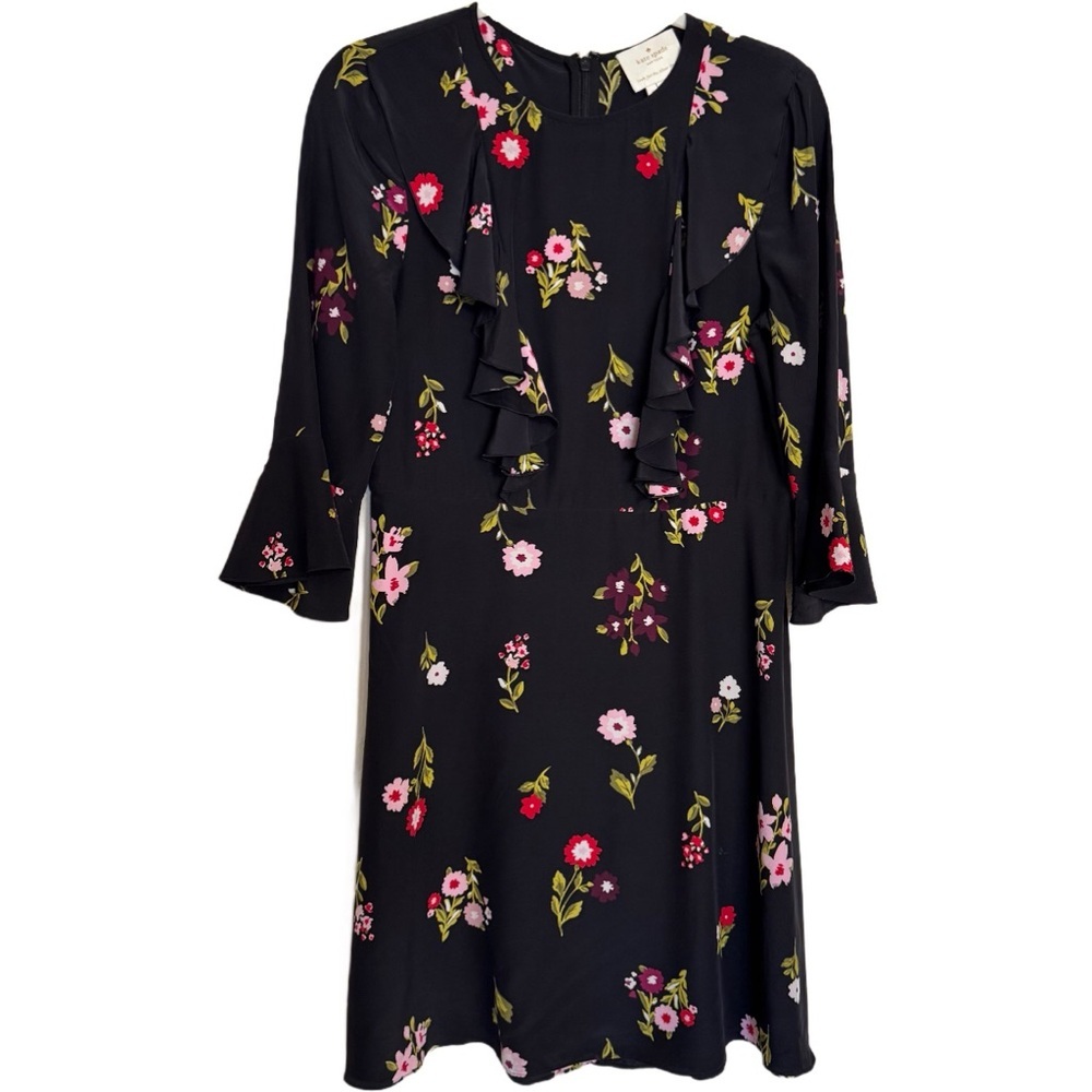 Kate Spade In Bloom Floral Print Ruffle Black Multi Color Silk Chiffon Dress 8